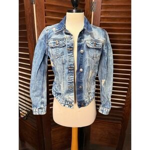 ZARA Trafaluc Womens Denim Jacket Distressed Blue Wash Button Front Size M
